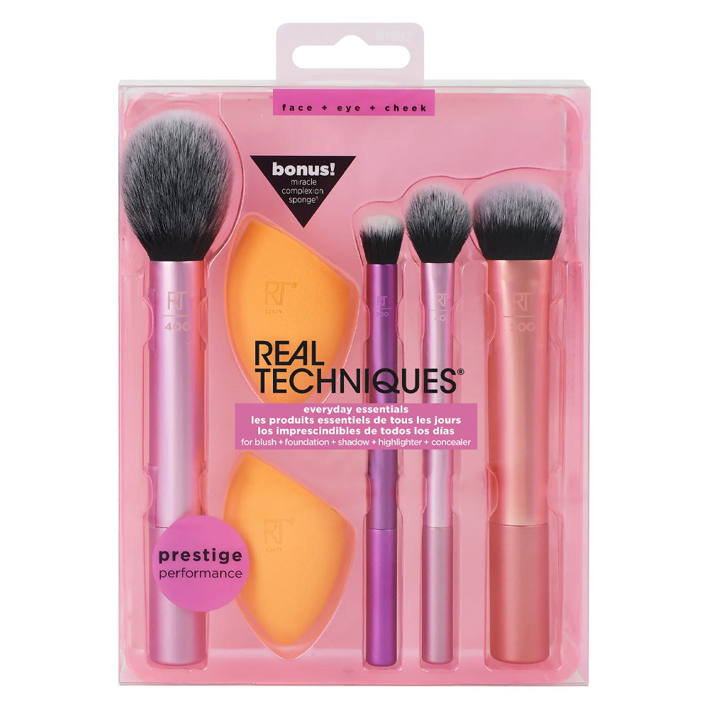 REAL TECHNIQUES Everyday Essentials Makeup Brush Set with Bonus Miracle Complexion Sponge